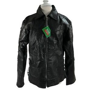 Navarre Buffalo Leather Croc Embossed Rose Moto Biker Jacket Black 2X Laced NWT
